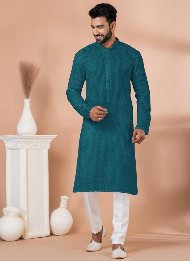 Georgette Teal Festival Wear Sequins Work Readymade Kurta Pajama